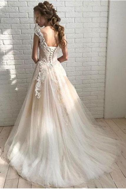Ivory Elegant Sheer Neck Cap Sleeves Tulle Beach Wedding Dress with La cherishgirls Ivory Elegant Sheer Neck Cap Sleeves Tulle Beach Wedding Dress with La cherishgirls