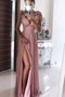 Floor Length Split V Neck Sleeveless Prom Dress with Flowers, A Line Formal Dress UQ2562