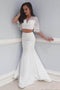 Two Piece Beach Wedding Dress with Lace, 2 Piece Mermaid V Neck Prom Dresses UQ1785