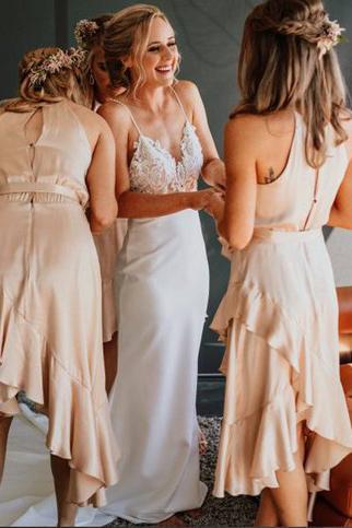 Vintage Lace Top Spaghetti Strap Backless Long Wedding Dresses, Cheap Bridal Dresses UQ1774