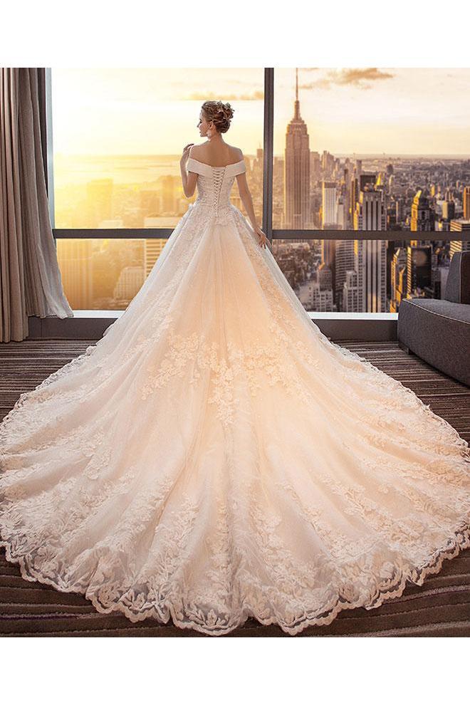 Gorgeous Off the Shoulder Lace Long Train Wedding Dresses, Princess Bridal Dresses UQ2581