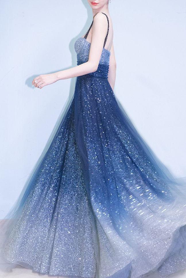 Royal Blue Straps Floor Length Ombre Tulle Prom Dress, A Line Elegant cherishgirls Royal Blue Straps Floor Length Ombre Tulle Prom Dress, A Line Elegant cherishgirls