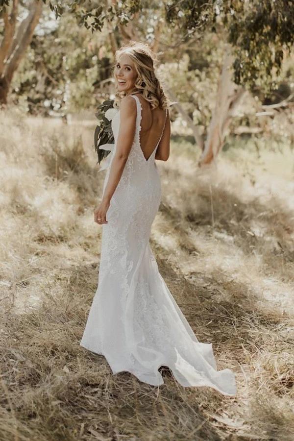 bohemian backless wedding dresses Bohemian Lace wedding Dresses Mermaid V-Neck Backless Bridal Gowns White-Nude / Custom Size