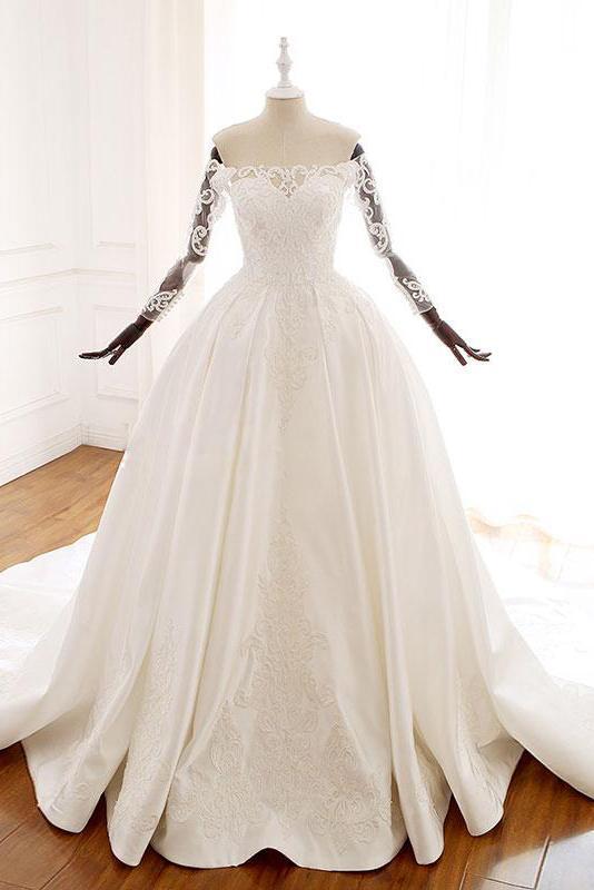 Ball Gown Long Sleeves Wedding Dress with Lace Appliques, Satin Bridal Gown N2582