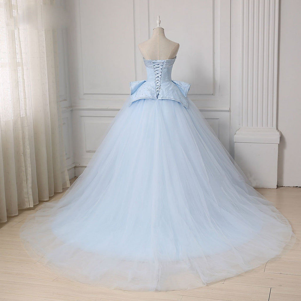 Light Blue Sweetheart Ball Gown Beading Tulle Prom Dress, Sweep Train Quinceanera Dress UQ2540