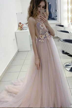 Charming Spaghetti Straps Deep V Neck Tulle Prom Dress with Flowers, A Line Party Dress UQ2390