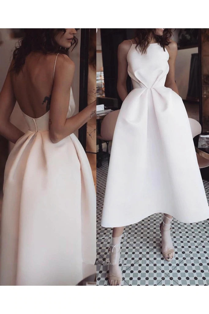 Elegant Tea Length Satin Party Dress, Simple Spaghetti Straps Backless Prom Dress With Pockets CHP0106