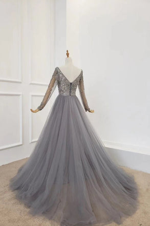 A Line V Neck Long Sleeves Tulle Gray Prom Dress with Beading, Cheap Party Dresses UQ2578