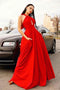 Stylish Red Halter Long Prom Dress, Floor Length Sleeveless Evening Dresses with Pockets UQ2619
