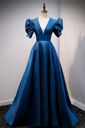 Blue V Neck Satin Short Sleeves Long Prom Dress Blue Satin Evening Dress chp0047