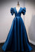 Blue V Neck Satin Short Sleeves Long Prom Dress Blue Satin Evening Dress chp0047