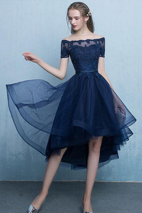Dark Blue Off the Shoulder Tulle Homecoming Dress with Lace Appliques UQ1725