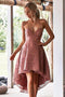 Chic Pink Lace High-Low Homecoming Dress, Spaghetti Straps Lace Homecoming Gown UQ2185
