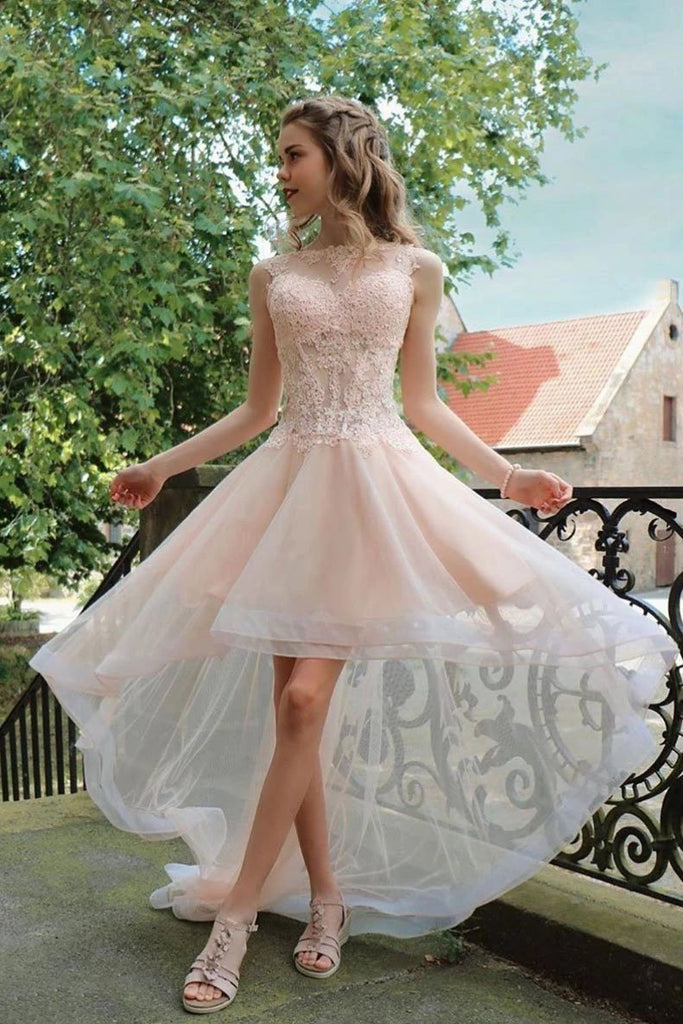 Light Pink High Low Sleeveless Tulle Prom Dress with Lace, Cute Hi Lo cherishgirls Light Pink High Low Sleeveless Tulle Prom Dress with Lace, Cute Hi Lo cherishgirls