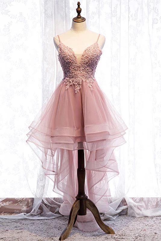 High Low Spaghetti Straps Tulle Homecoming Dresses with Appliques, Party Dress N2142