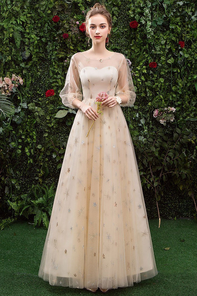 Floor Length Long Sleeve Tulle Evening Dress with Appliques, Prom Gown cherishgirls Floor Length Long Sleeve Tulle Evening Dress with Appliques, Prom Gown cherishgirls