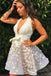 Ivory Lace Applique Halter Sexy Homecoming Dresses, Sexy Sleeveless Short Party Dress UQ1818