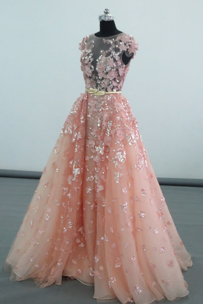 See Through Cap Sleeves Floor Length Tulle Prom Dress with Appliques Belt UQ2326