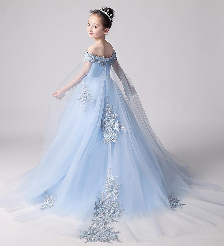 Beauty Blue Off the Shoulder Applique Flower Girl Dresses, Long Sweep cherishgirls Beauty Blue Off the Shoulder Applique Flower Girl Dresses, Long Sweep cherishgirls