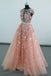 See Through Cap Sleeves Floor Length Tulle Prom Dress with Appliques Belt UQ2326