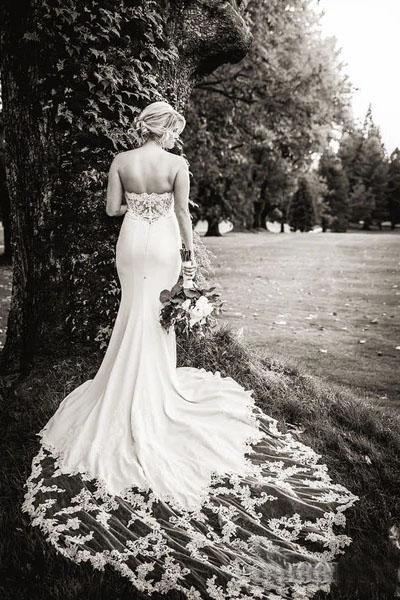 Botanical Sweetheart Wedding Dress with Long Train, Mermaid Bridal Dress with Lace UQ2556