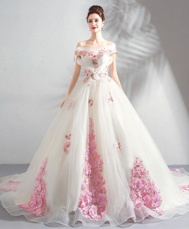 Unique Off the Shoulder Tulle Wedding Dress with Pink Flowers, Ball Gown Wedding Gown UQ2584