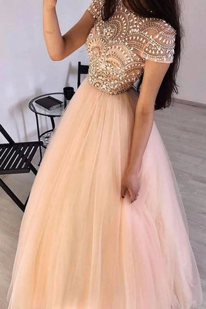 Floor Length Round Neck Tulle Prom Dress with Beading, Short Sleeves Long Evening Dress UQ2205