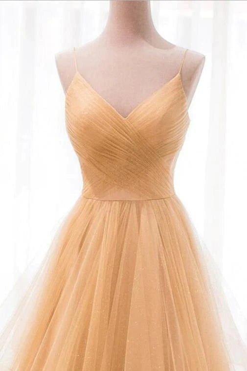 Sparky Spaghetti Straps V Neck Long Prom Dress, Backless Pleated Tulle Party Dresses CHP0095