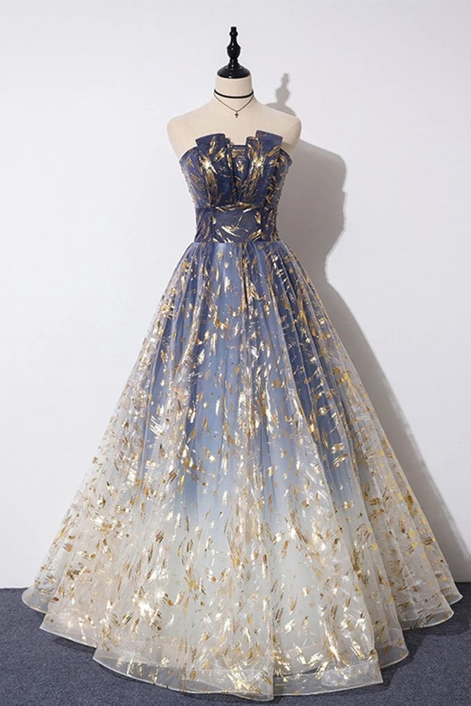 A Line Blue Tulle Strapless Long Prom Dress, Floor Length Graduation Dresses N2553