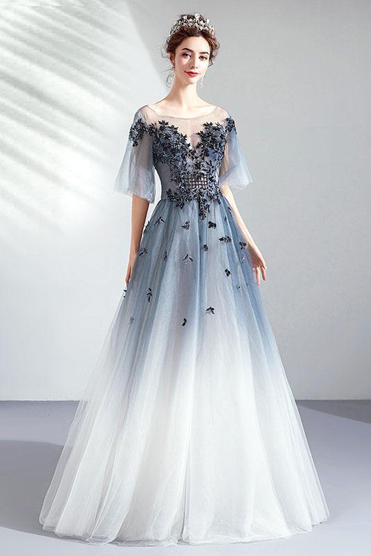Floor Length Half Sleeves Tulle Long Ombre Prom Dress with Appliques N2318