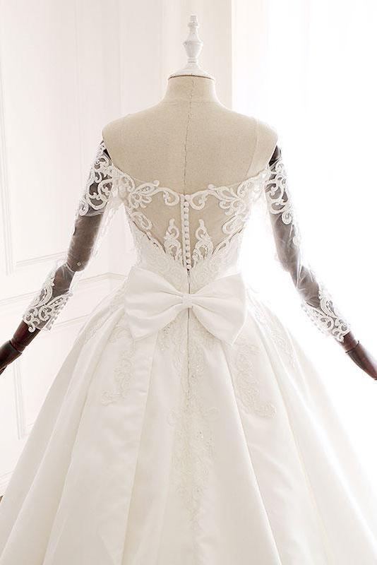Ball Gown Long Sleeves Wedding Dress with Lace Appliques, Satin Bridal Gown UQ2582