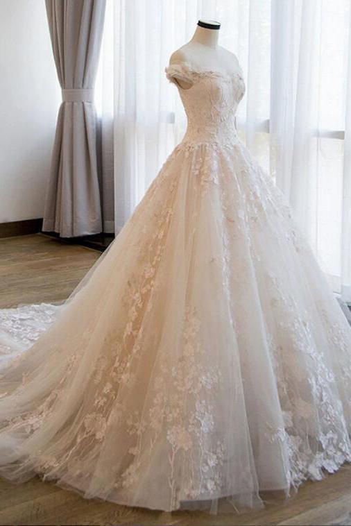 Ball Gown Off the Shoulder Lace Appliqued Wedding Dresses, Ivory Bridal Dresses N2586