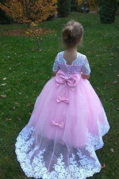 Ball Gown Cute Short Sleeves Long Flower Girl Dress, Lace Appliques Bow Flower Girl Dresses UF079