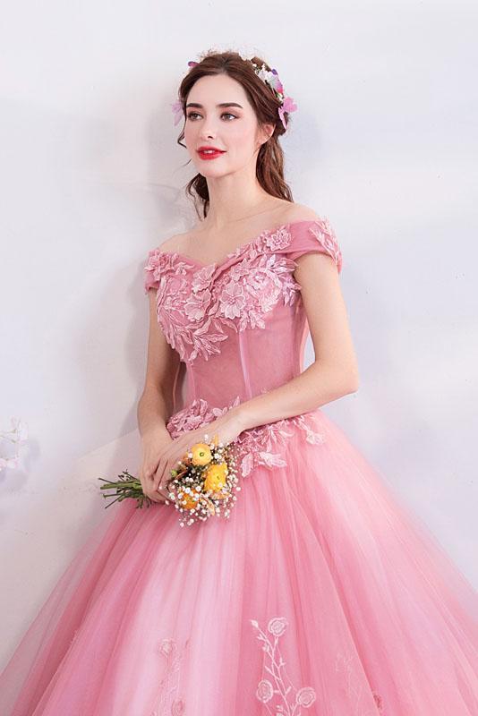 Pink Off the Shoulder Puffy Tulle Prom Dresses, Floor Length Appliqued Quinceanera Dress UQ2279