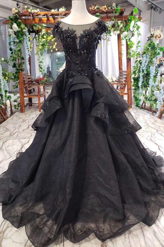 Long Sleeve Black Illusion Lace Chiffon Prom Dress - Lunss