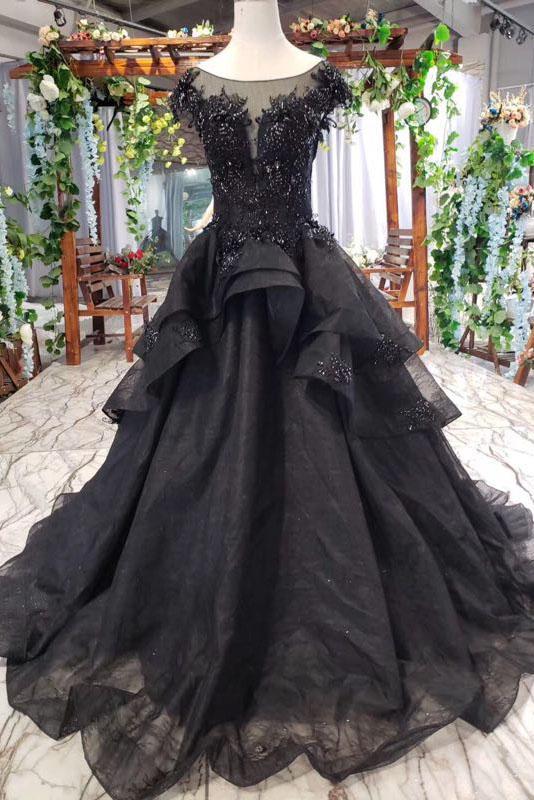 Puffy Cap Sleeves Black Long Prom Dress with Appliques, Charming Beadi cherishgirls Puffy Cap Sleeves Black Long Prom Dress with Appliques, Charming Beadi cherishgirls