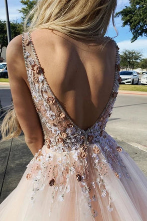 Light Pink V Neck Sleeveless Tulle Prom Dress with Flowers and Beads UQ2389