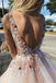 Light Pink V Neck Sleeveless Tulle Prom Dress with Flowers and Beads UQ2389