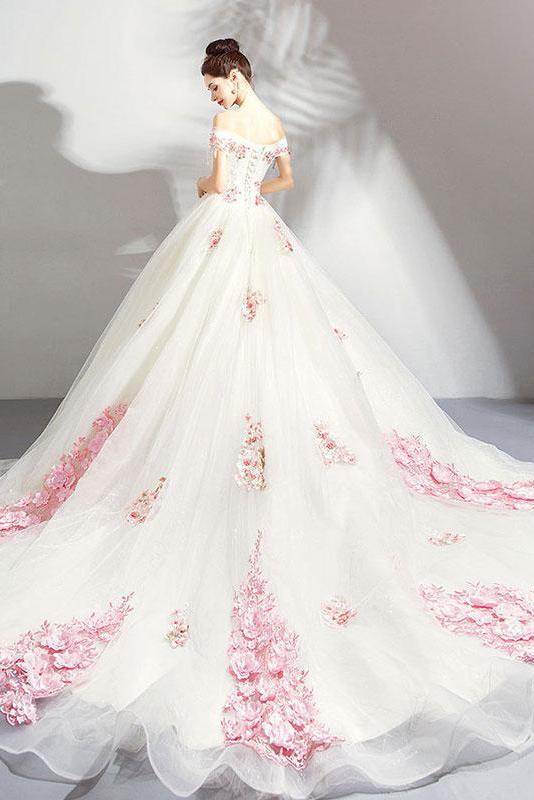 Unique Off the Shoulder Tulle Wedding Dress with Pink Flowers, Ball Gown Wedding Gown UQ2584