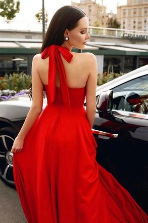 Stylish Red Halter Long Prom Dress, Floor Length Sleeveless Evening Dresses with Pockets UQ2619