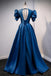 Blue V Neck Satin Short Sleeves Long Prom Dress Blue Satin Evening Dress chp0047