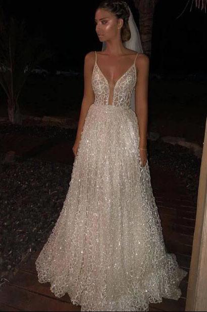 new look a line dress New Style A Line Deep V Neck Sequined Prom Dresses, Spaghetti Straps Floor  Length Dress UQ2404