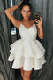 Simple Spaghetti Straps Short Homecoming Dress with Lace, Satin Graduation Dress UQ1838