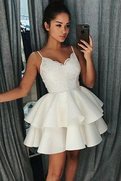 Simple Spaghetti Straps Short Homecoming Dress with Lace, Satin Graduation Dress UQ1838