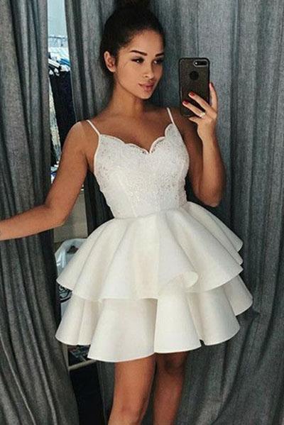 Simple Spaghetti Straps Short Homecoming Dress with Lace, Satin Gradua   cherishgirls