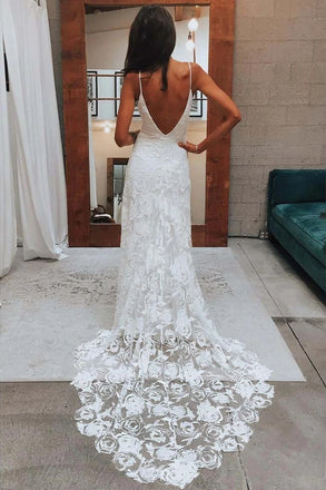Spaghetti Strap Beach Wedding Dresses Lace Sweetheart Boho Wedding Dresses CHW0038
