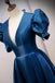 Blue V Neck Satin Short Sleeves Long Prom Dress Blue Satin Evening Dress chp0047