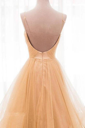 Spaghetti Straps V Neck Sparky Long Prom Dress, Backless Pleated Tulle Party Dresses UQ2587