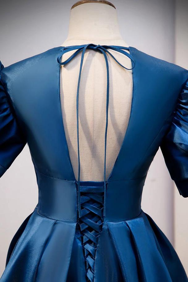 Blue V Neck Satin Short Sleeves Long Prom Dress Blue Satin Evening Dress chp0047