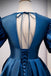 Blue V Neck Satin Short Sleeves Long Prom Dress Blue Satin Evening Dress chp0047